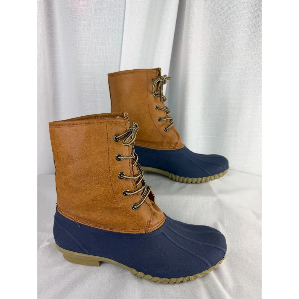 Blue Suede Shoes Womens Navy Tan Duck Boots Floral Lined Rain Snow Size 9